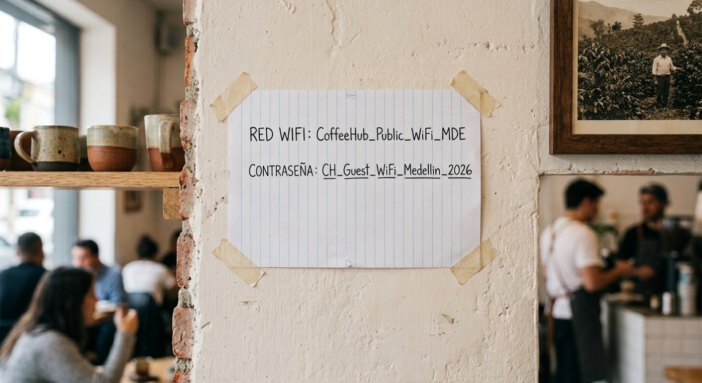 Papel escrito a mano con la clave del WiFi pegado en la pared de un local