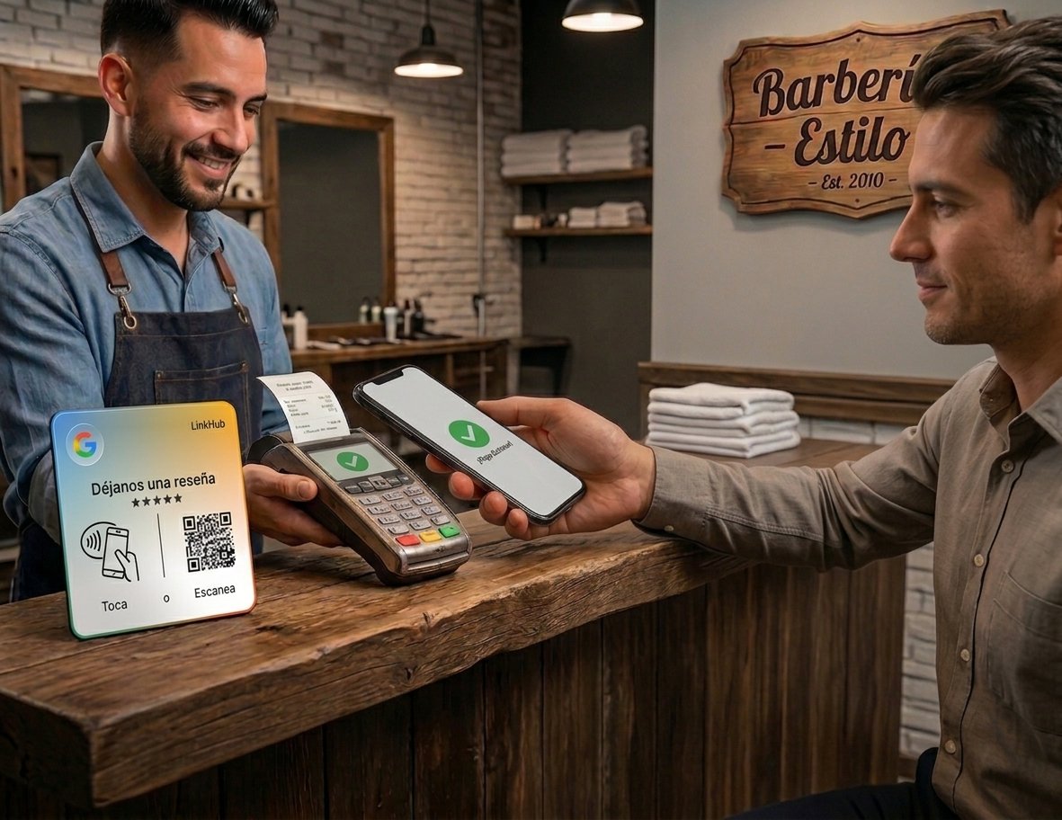 Cliente pagando en el mostrador de una barbería al terminar su corte