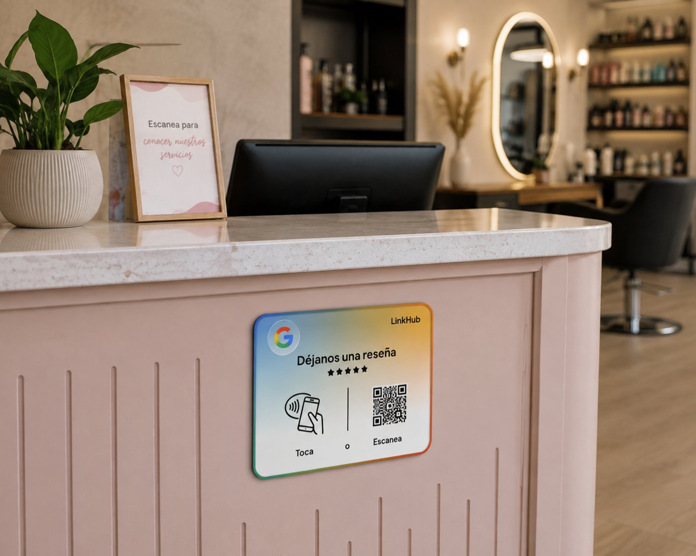 Cliente acerca su celular a una placa de reseñas en el mostrador de un salón de belleza