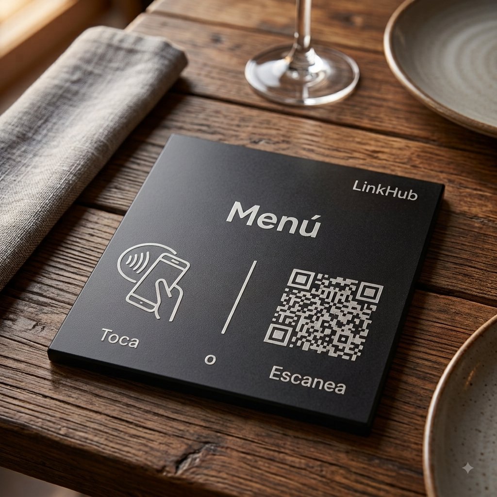 Placa NFC sobre la mesa de un restaurante junto a los cubiertos, lista para mostrar la carta