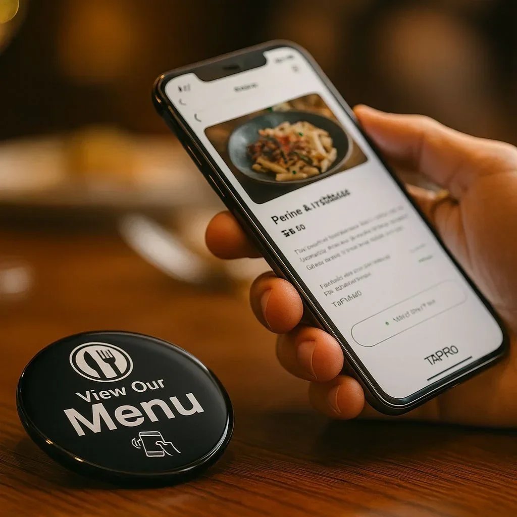 Cliente escanea con la cámara un código QR ubicado en la mesa de un restaurante