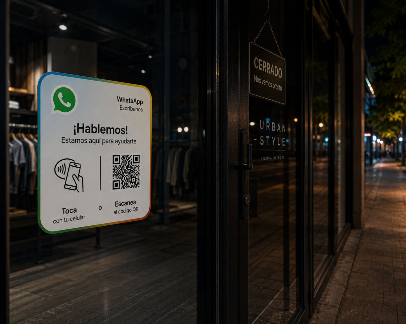 Placa NFC visible en la vitrina de una tienda cerrada de noche