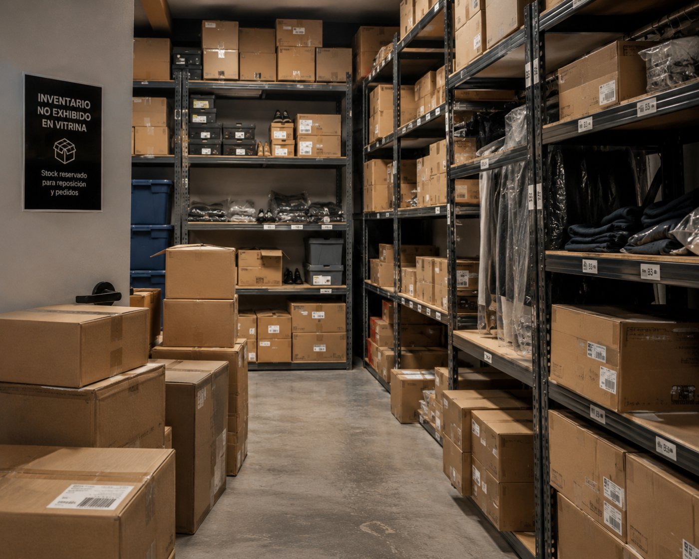Bodega de una tienda con inventario guardado que no se exhibe en la vitrina