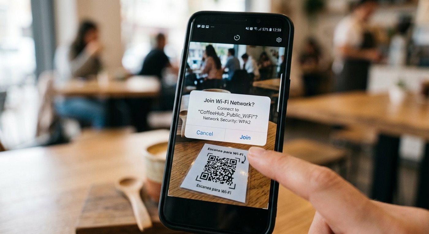 Celular mostrando la opción de unirse a una red WiFi tras escanear un código QR