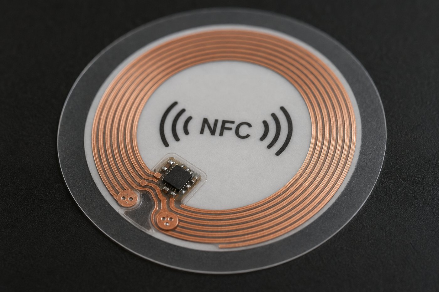 Detalle de un chip NFC con su antena de cobre visible en una etiqueta