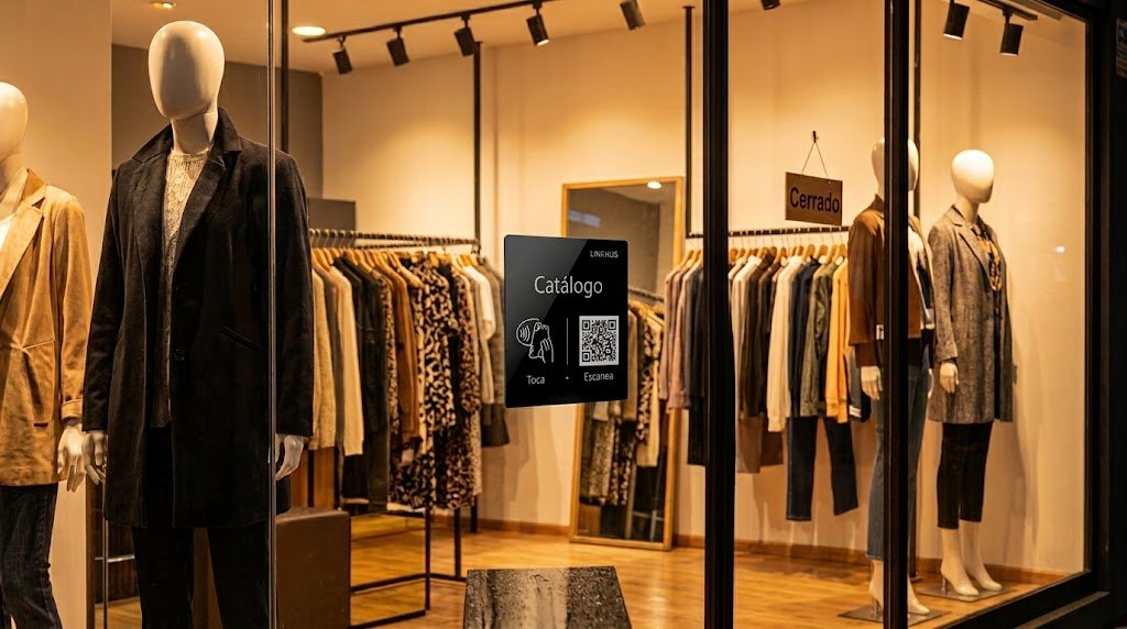 Vitrina iluminada de una tienda cerrada de noche con una placa visible desde la calle