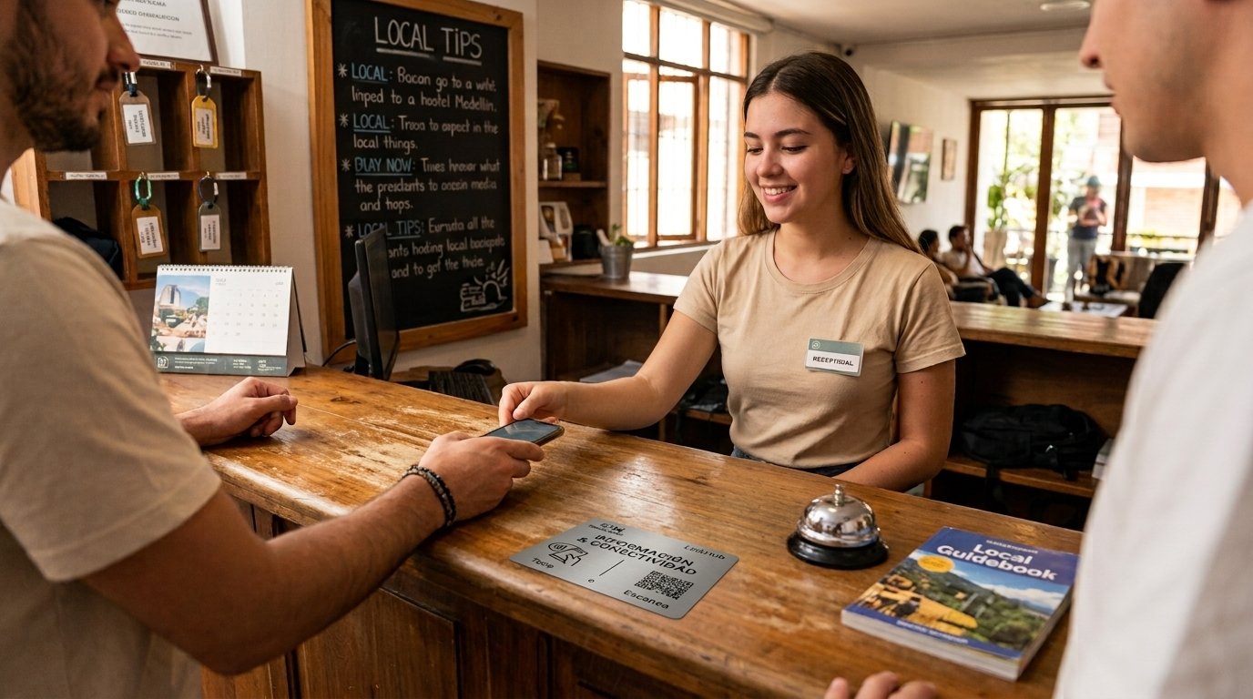 Mostrador de recepción de un hostal con una placa NFC visible para los huéspedes