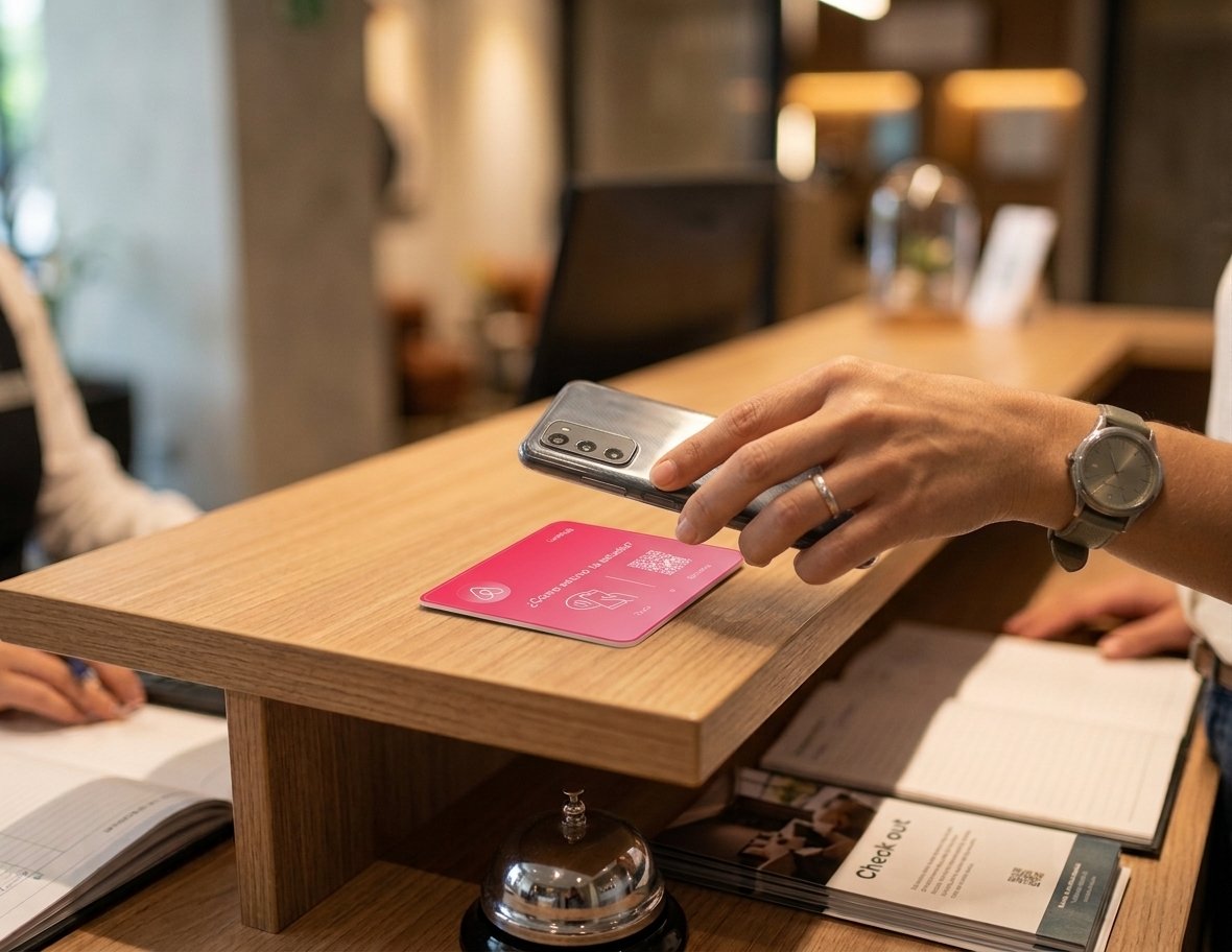 Placa NFC sobre el mostrador de un negocio, lista para ser activada por un cliente