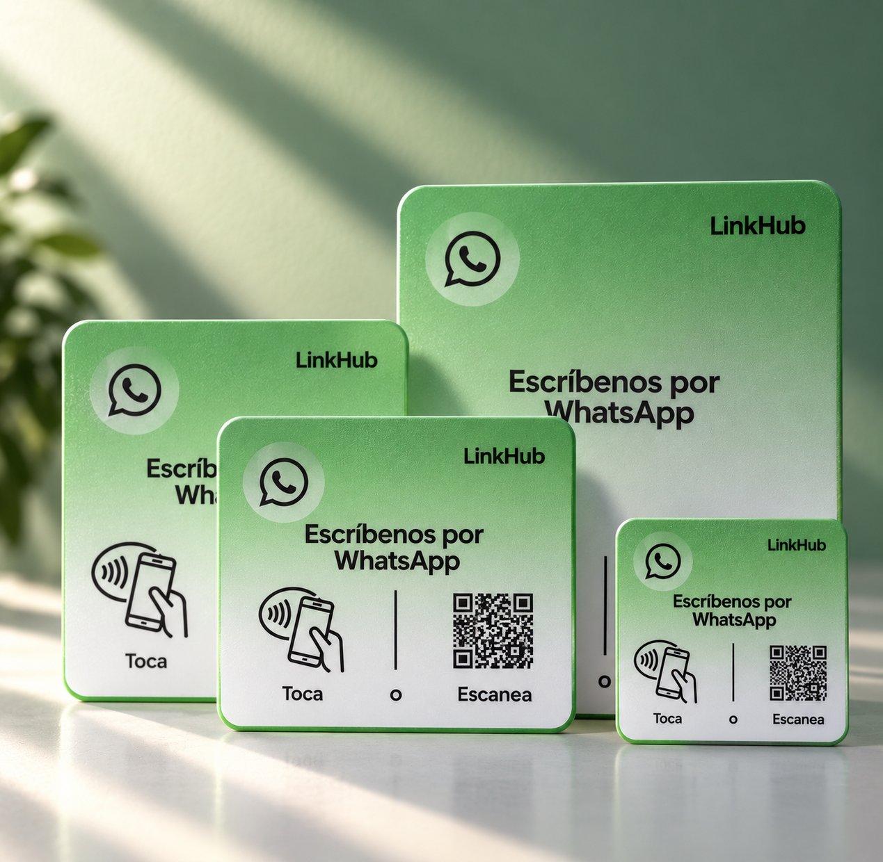 Los cuatro formatos de placa NFC y QR de LinkHub: Mini, Horizontal, Vertical y De mesa
