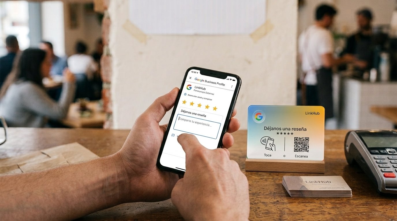 Cliente acerca su celular a una placa de reseñas junto al datáfono al pagar