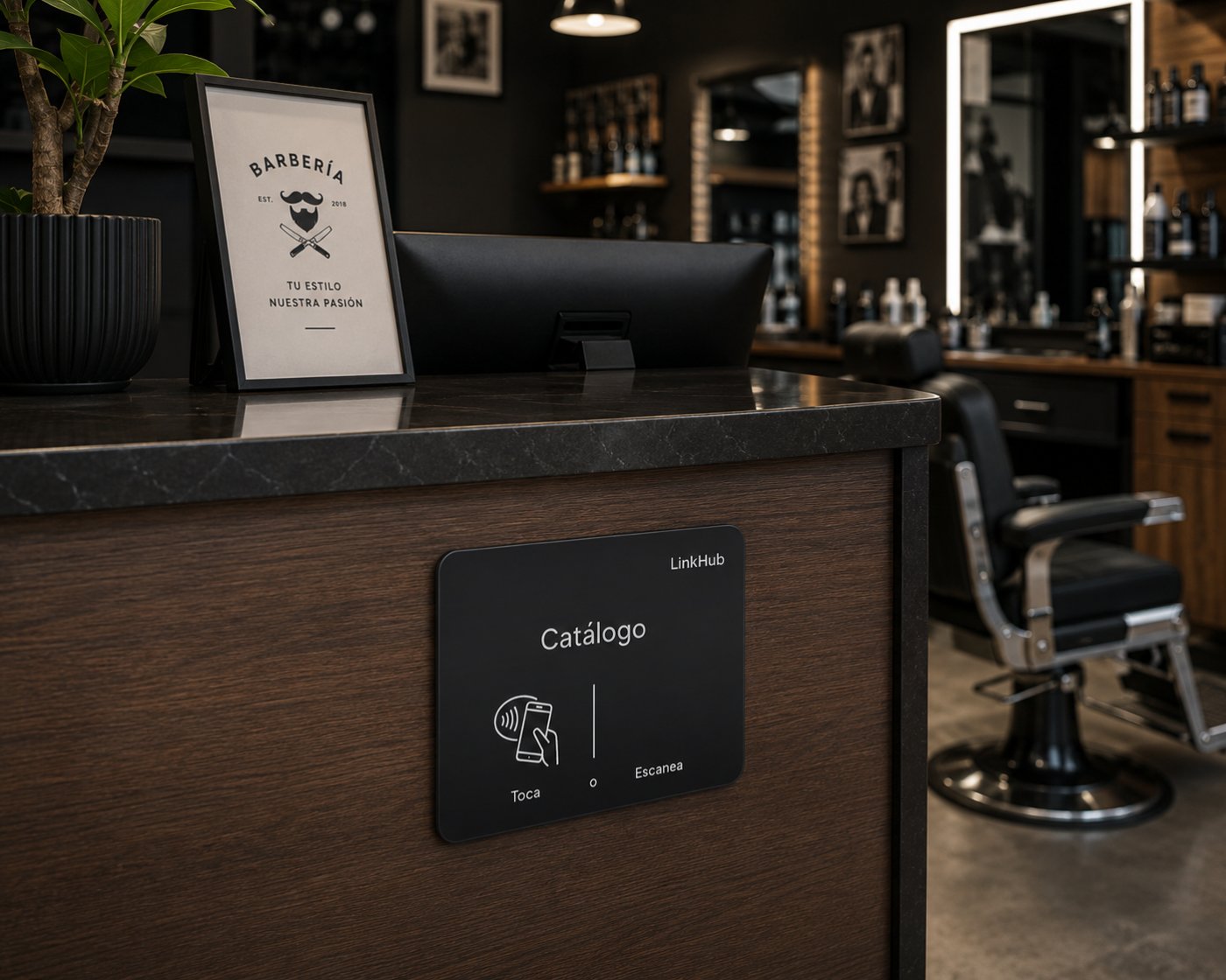Mostrador de una barbería con una placa NFC que lleva al portafolio de trabajos