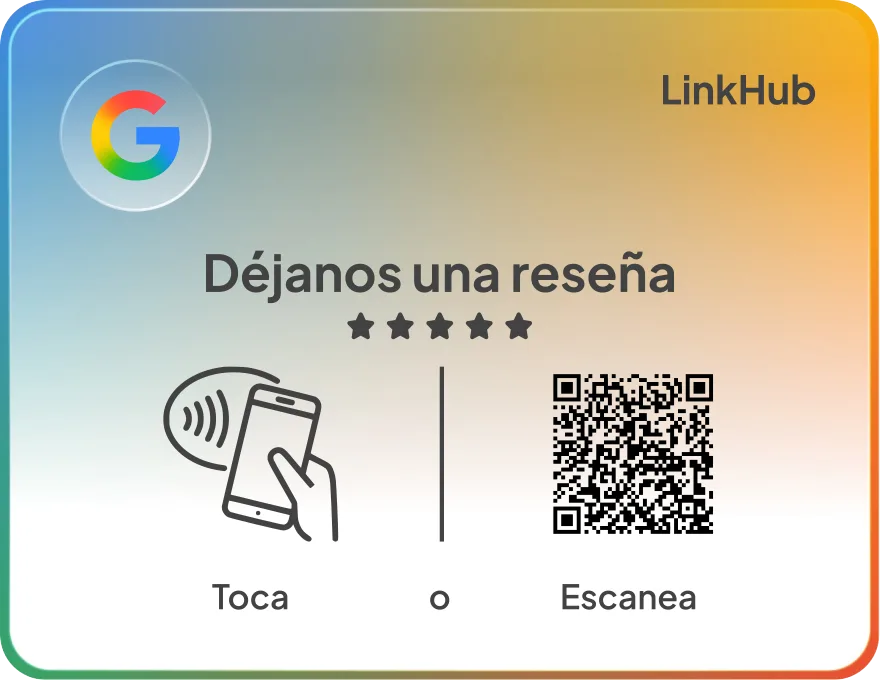 Placa LinkHub de reseñas de Google: dice «Déjanos una reseña» y lleva el código QR y el chip NFC